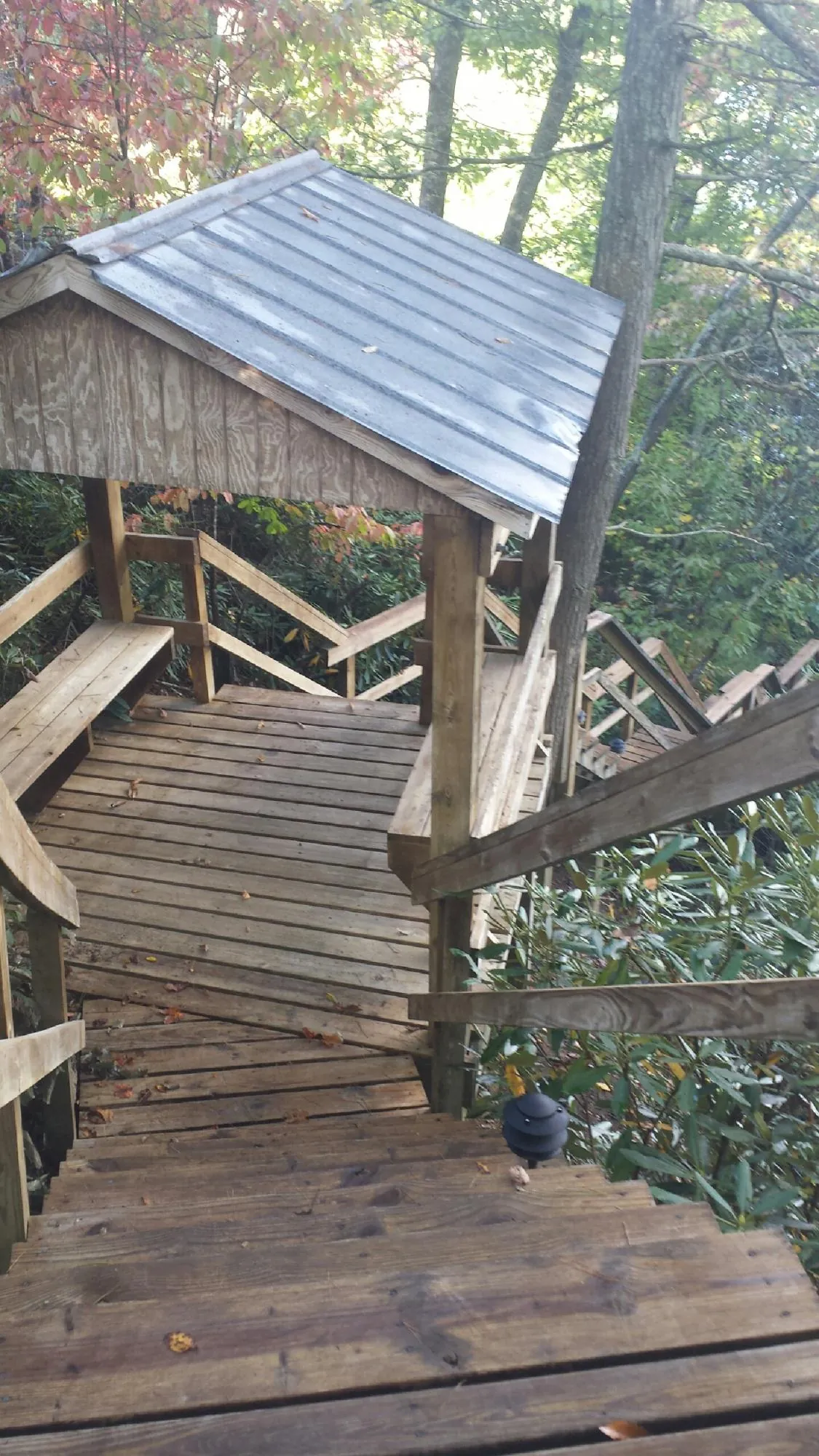 Metal roofed shelter over wooden steps on a wooded walkway — Skylight Repair & Installation work by our crew in Coltons Point